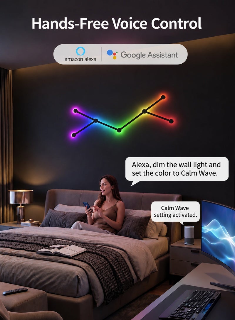 خطوط إضاءة جدارية ذكية، أشرطة LED RGB تدعم الواي فاي، أكثر من 16 مليون لون قابل للتعتيم، مزامنة مع الموسيقى، ديكور منزلي قابل للتخصيص لعشاق الألعاب والحفلات والبث المباشر، متوافق مع أليكسا ومساعد جوجل (6 خطوط، لون أسود) - Image 2
