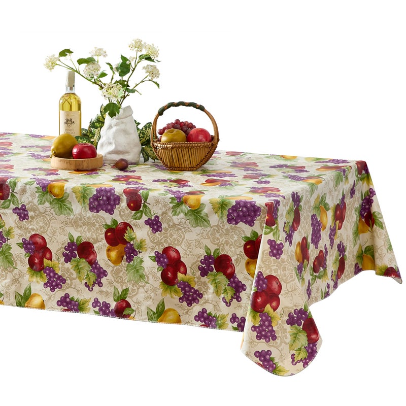 Newbridge Avalon Fresh Ripe Fruit Vinyl Tablecloth with Flannel Backing Apples Peaches Pear and Grape Fruit Print Flannel Backed Easy Care Vinyl Tablecloth 52 x 52 Square