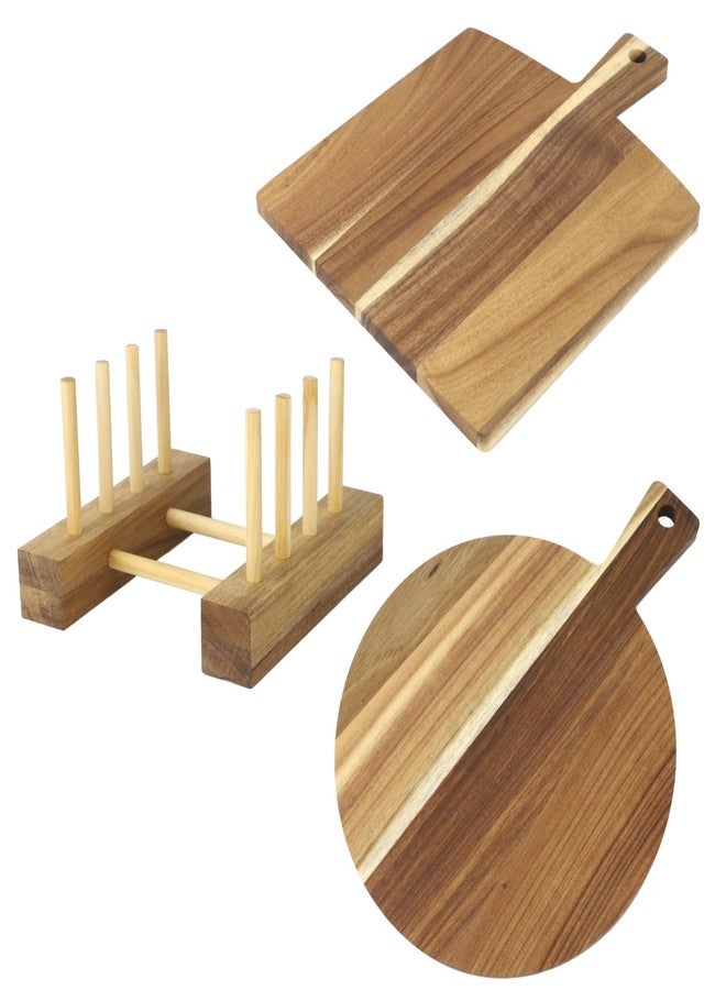 NIMBLOOM 2 PCS Wood Cutting Board Set with Stand, Round and Rectangular Wooden Chopping Boards for Kitchen, Large Charcuterie Serving Tray with Handle for Deli Meat Cheese Pizza Snacks - Image 2