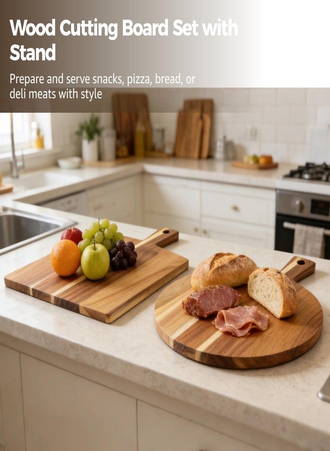 NIMBLOOM 2 PCS Wood Cutting Board Set with Stand, Round and Rectangular Wooden Chopping Boards for Kitchen, Large Charcuterie Serving Tray with Handle for Deli Meat Cheese Pizza Snacks - Image 3