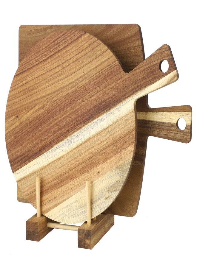 NIMBLOOM 2 PCS Wood Cutting Board Set with Stand, Round and Rectangular Wooden Chopping Boards for Kitchen, Large Charcuterie Serving Tray with Handle for Deli Meat Cheese Pizza Snacks - Image 1
