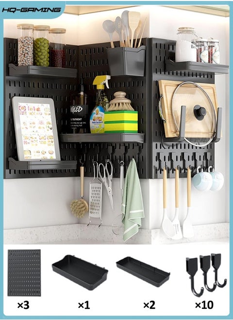 Pegboard Combination Wall Organizer Kit, Wall Mounted Peg Board Organizer with 3 Pegboards & Accessories Hanging, Display Pegboard Panel Kits for for Home, Office (Black)