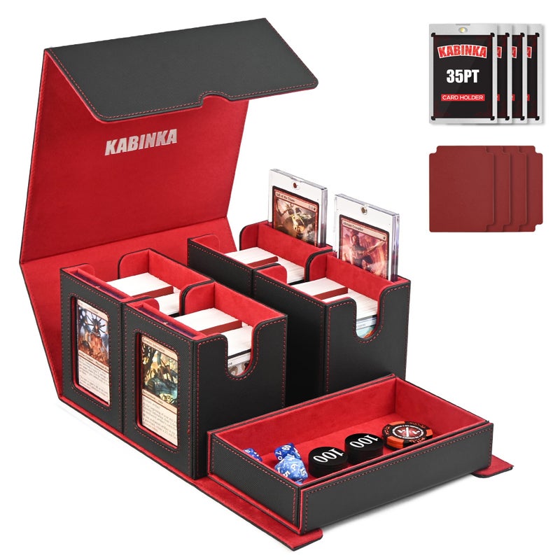 Kabinka Commander Deck Box for MTG Fits 400 DoubleSleeved Card Storage 5 IN 1 Removable Card Case with Dice Tray Display Window for TCGPTCGEDH 4 Magnetic One Touch Holders Black Red