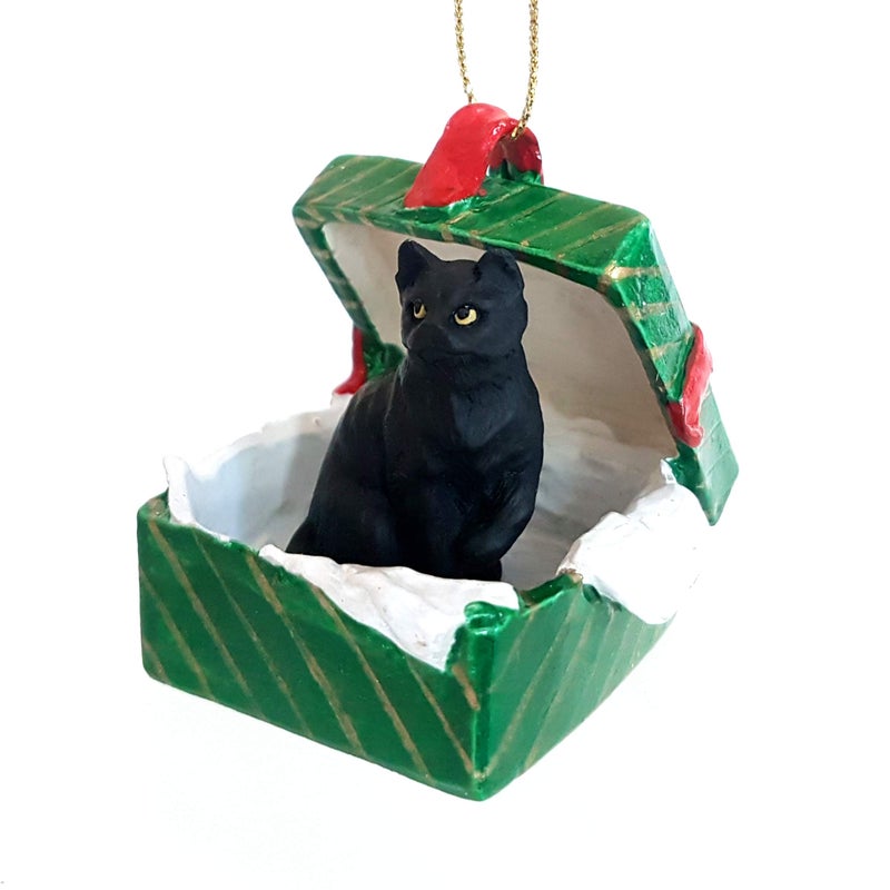 Conversation Concepts Tabby Cat Gift Box Christmas Ornament Black Shorthaired - Delightful! - Made with Vinyl & Stone - Image 1