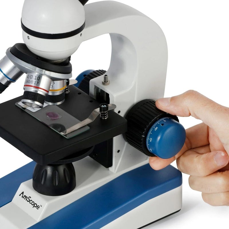 AmScope AmScope M150CPS25WM Compound Monocular Microscope WF10x and WF25x Eyepieces 40x1000x Magnification LED Illumination Brightfield SingleLens Condenser Coaxial Coarse and Fine Focus Plain Stage 110V Includes Set of 25 Prepared Slides and Book  - Image 2