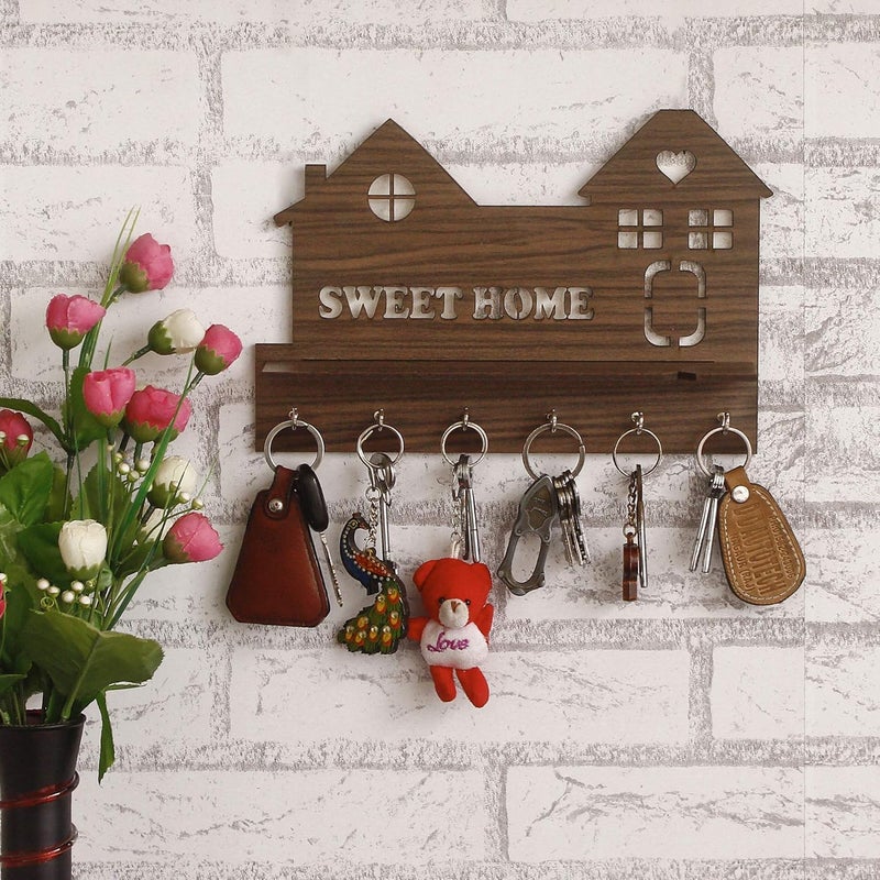 Webelkart Wooden Laminated Sweet Home Side Wall Shelves Key Holder Brown - Image 1