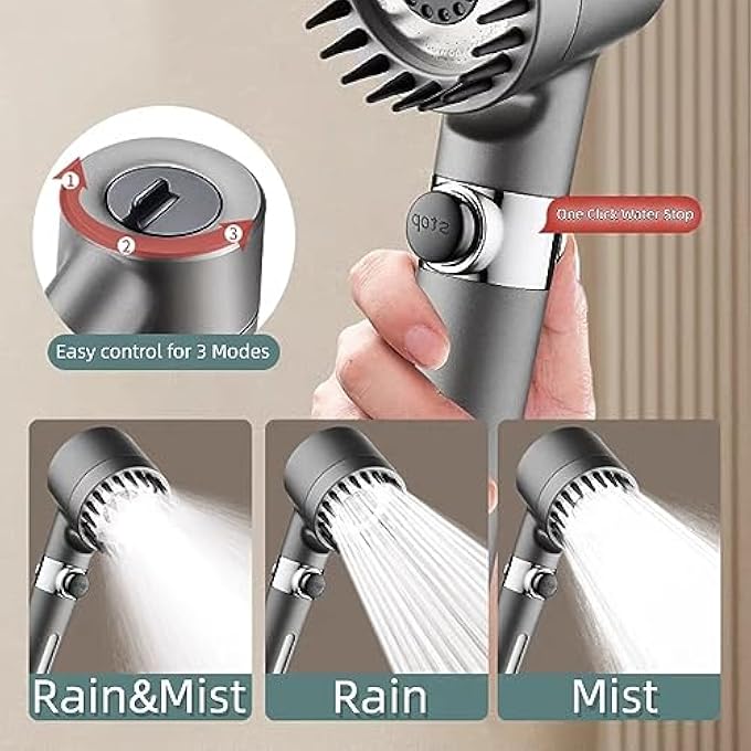 High Pressure Shower Head Hard Water Softener Filtered Hand Held Showerhead Set Massage Showerhead Combo 3 Spray Settings 15M59inches Antiexplosion Hose and Bracket Classic Grey - Image 4