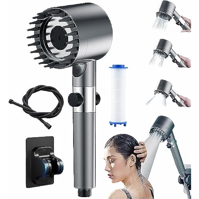 High Pressure Shower Head Hard Water Softener Filtered Hand Held Showerhead Set Massage Showerhead Combo 3 Spray Settings 15M59inches Antiexplosion Hose and Bracket Classic Grey - Image 2