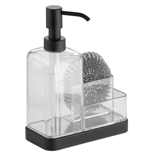 InterDesign iDesign Forma BPA-Free Plastic Soap and Sponge Sink Organizer Caddy - 6" x 3.5" x 8.25", Clear/Matte Black - Image 1