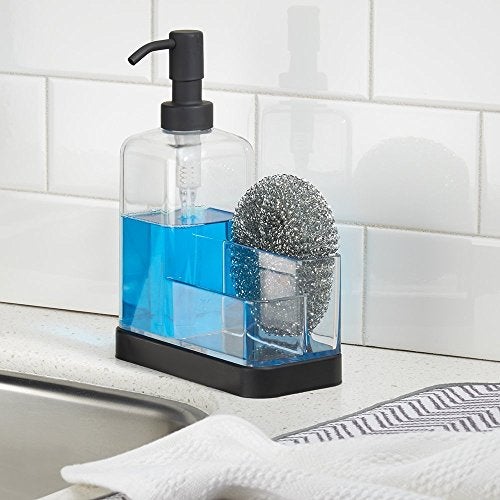 InterDesign iDesign Forma BPA-Free Plastic Soap and Sponge Sink Organizer Caddy - 6" x 3.5" x 8.25", Clear/Matte Black - Image 2