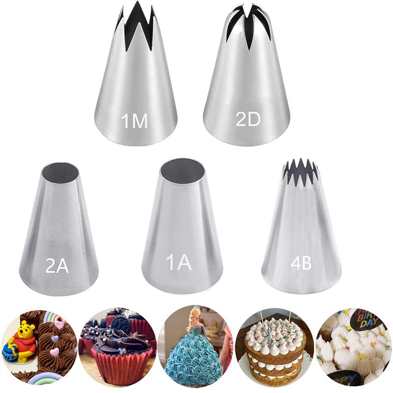 Cake Piping Nozzles Tips Kit5 Pcs Piping Nozzles Large Cake Decorating ToolsStainless Steel Icing Piping Tips for Baking DIY Cookie Cream Cupcake Decorating1A 1M 2A 2D 4B