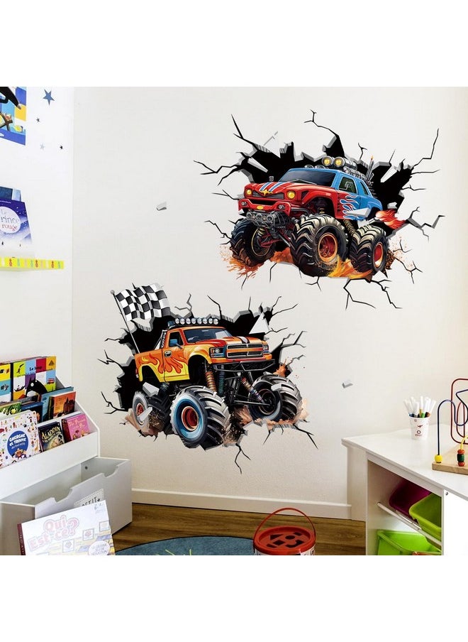 decalmile - 2 Large 3D Racing Cars Wall Decals Trucks Break Through Wall Stickers Boys Bedroom Kids Room Playroom Wall Decor - Image 1