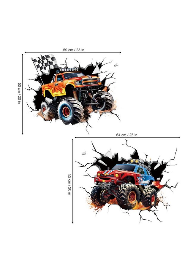 decalmile - 2 Large 3D Racing Cars Wall Decals Trucks Break Through Wall Stickers Boys Bedroom Kids Room Playroom Wall Decor - Image 1
