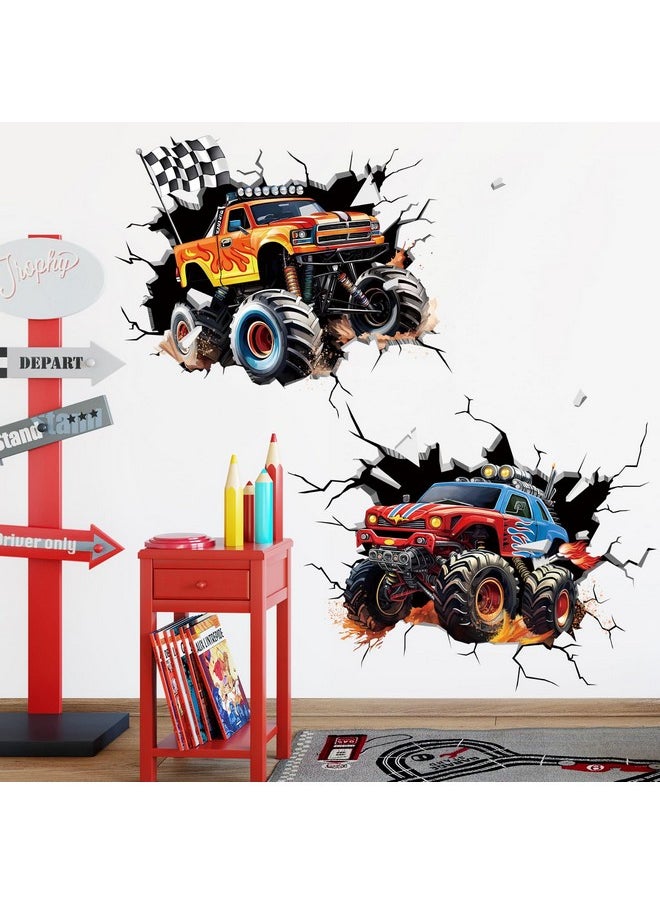 decalmile - 2 Large 3D Racing Cars Wall Decals Trucks Break Through Wall Stickers Boys Bedroom Kids Room Playroom Wall Decor - Image 1