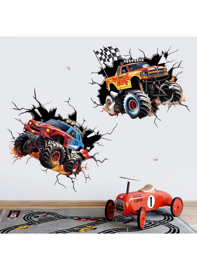 decalmile - 2 Large 3D Racing Cars Wall Decals Trucks Break Through Wall Stickers Boys Bedroom Kids Room Playroom Wall Decor - Image 1