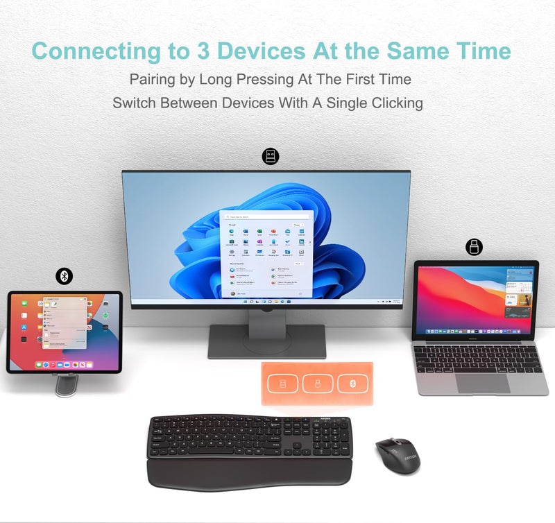 Arteck Multi-Device Comfortable Wireless Bluetooth Keyboard with Nano USB-A, USB-C Type C Receiver Palm Wrist Rest Full Size Keyboard for Windows iPad OS Android, Computer Desktop Laptop PC Tablet - Image 4