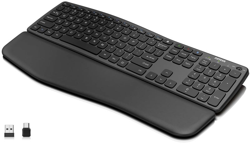 Arteck Multi-Device Comfortable Wireless Bluetooth Keyboard with Nano USB-A, USB-C Type C Receiver Palm Wrist Rest Full Size Keyboard for Windows iPad OS Android, Computer Desktop Laptop PC Tablet - Image 1