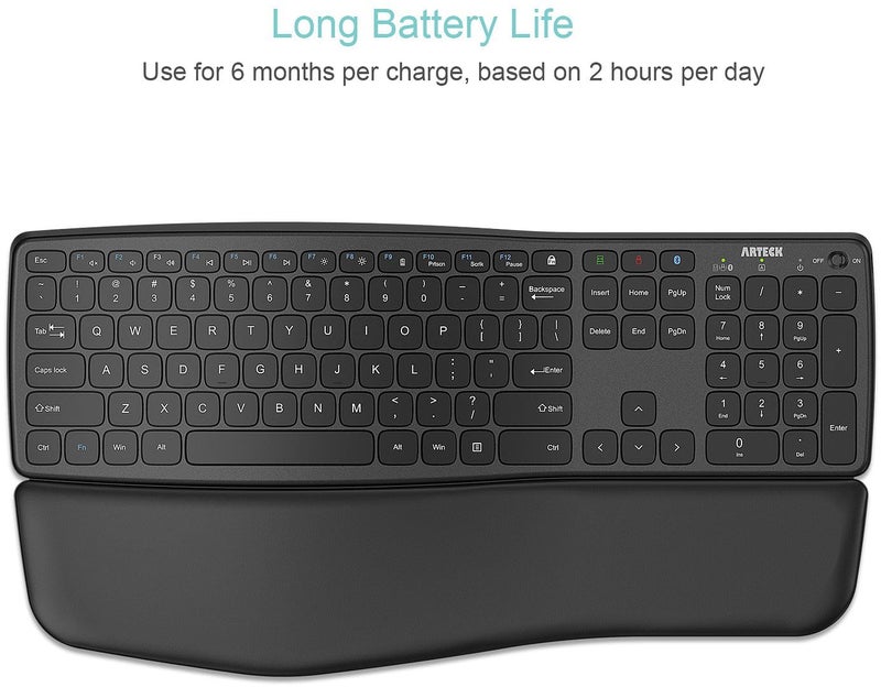 Arteck Multi-Device Comfortable Wireless Bluetooth Keyboard with Nano USB-A, USB-C Type C Receiver Palm Wrist Rest Full Size Keyboard for Windows iPad OS Android, Computer Desktop Laptop PC Tablet - Image 5