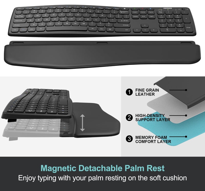 Arteck Multi-Device Comfortable Wireless Bluetooth Keyboard with Nano USB-A, USB-C Type C Receiver Palm Wrist Rest Full Size Keyboard for Windows iPad OS Android, Computer Desktop Laptop PC Tablet - Image 2