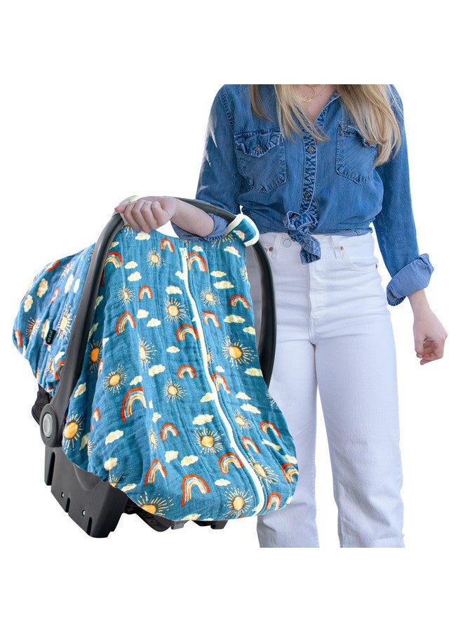 Bebe au Lait Bebe au Lait Classic Muslin Car Seat Cover -Perfect Baby Car Seat Covers for Babies, Car Seat Canopy, Unisex Baby Car Seat Cover- Easy Snap Straps, Fully Zippered Opening, Breathable- Hello Sunshine - Image 1