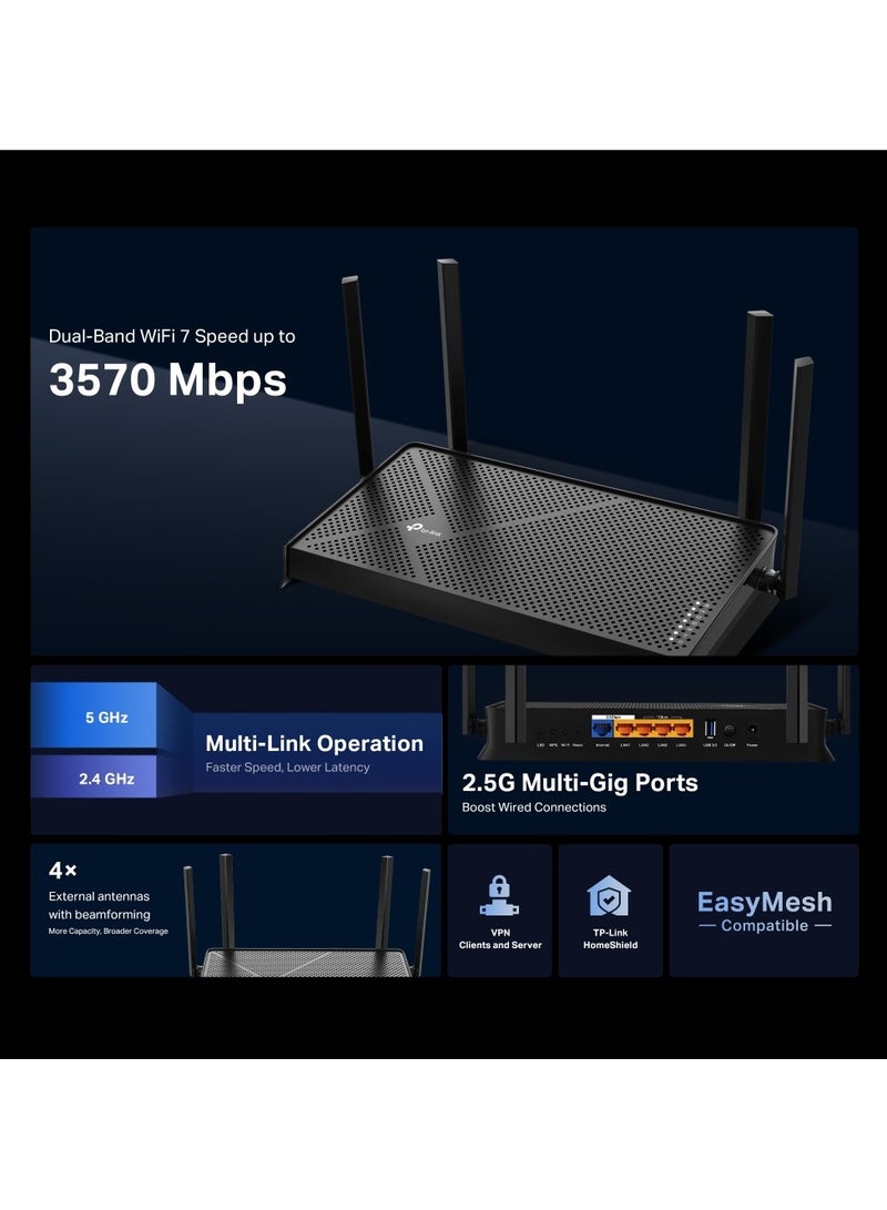 TP-LINK Archer BE230 BE3600 Dual-Band Wi-Fi 7 Router | 3.6 Gbps Speed, 2× 2.5 Gbps Ports, 4 External Antennas, MU-MIMO, OFDMA, Beamforming | EasyMesh, HomeShield Security, VPN Support, USB 3.0, Parental Controls, QoS, Alexa/Google Assistant Compatible Black - Image 4