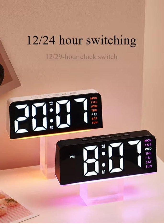 ساعة منبه رقمية LED بإضاءة خلفية عرض الوقت والتاريخ ودرجة الحرارة و إضاءة ليلية و وظيفة الغفوة و تصميم عصري لسطح المكتب و بذاكرة بطارية و حساس تلقائي للسطوع تعمل بالكهرباء