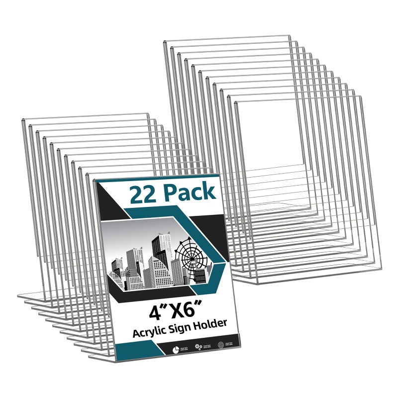 XINANDE Acrylic Sign Holder 4x6, 22 Pack Clear Plastic Table Paper Display Stand, L-Shape Vertical Menu Holder Stand, Clear Picture Photo Flyer Display Stand for Restaurants, Store Show, Office Desktop - Image 1