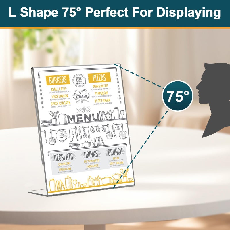 XINANDE Acrylic Sign Holder 4x6, 22 Pack Clear Plastic Table Paper Display Stand, L-Shape Vertical Menu Holder Stand, Clear Picture Photo Flyer Display Stand for Restaurants, Store Show, Office Desktop - Image 4