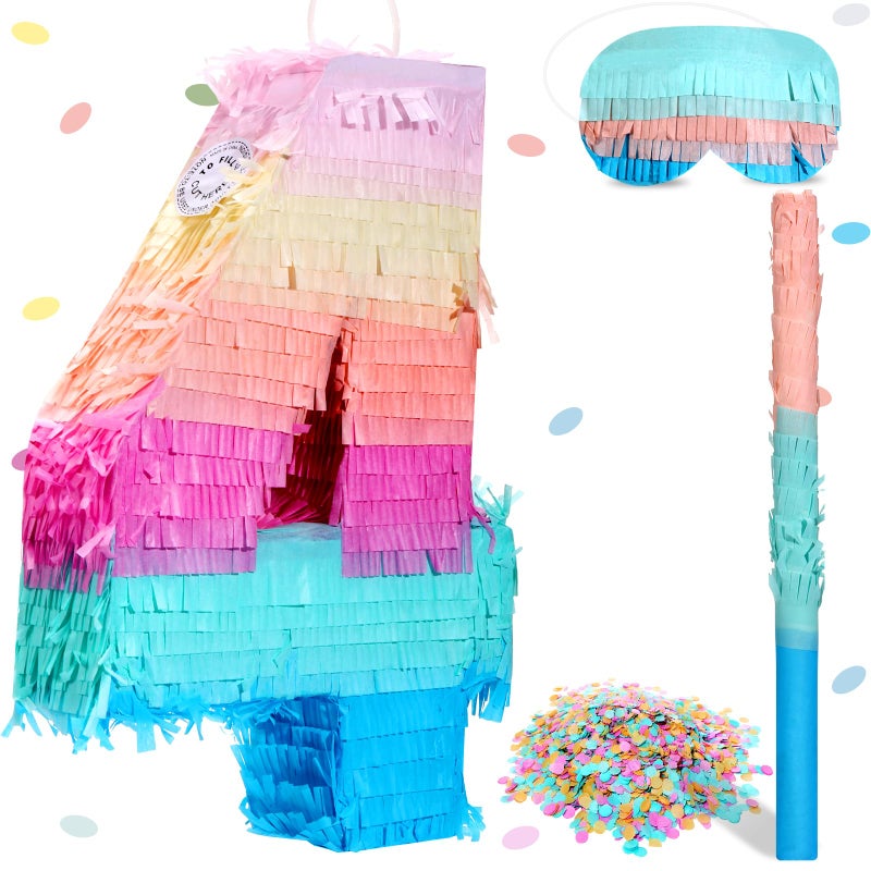 Jenaai 16 Inch Number Piata Kids Birthday Party Macaron Piata with Blindfold Stick and Confetti for Unicorn Birthday Wedding Baby Shower DecorNumber 4 - Image 2