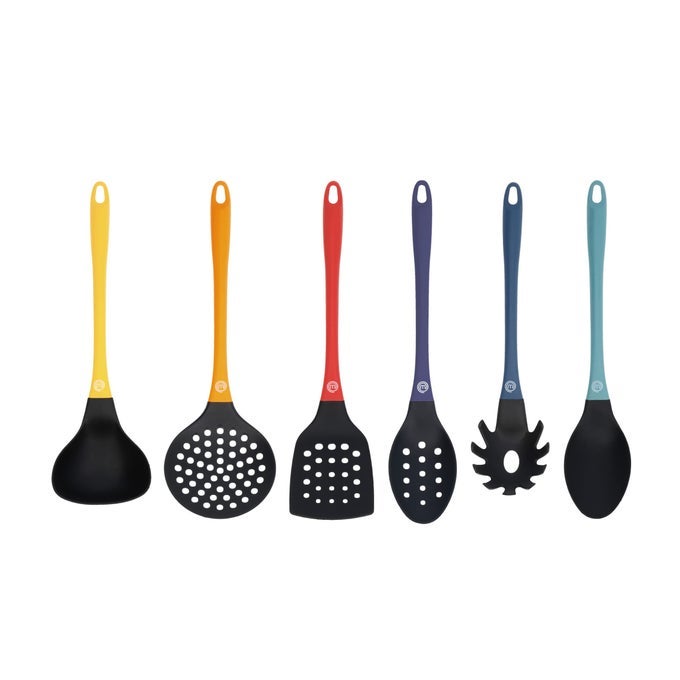 KITCHEN UTENSILS SET 6 PIECE COOKING TOOLS MADE FROM NON SCRATCH HEAT RESISTANT MATERIAL WITH STYLISH MULTI COLOURED SOFTTOUCH HANDLES