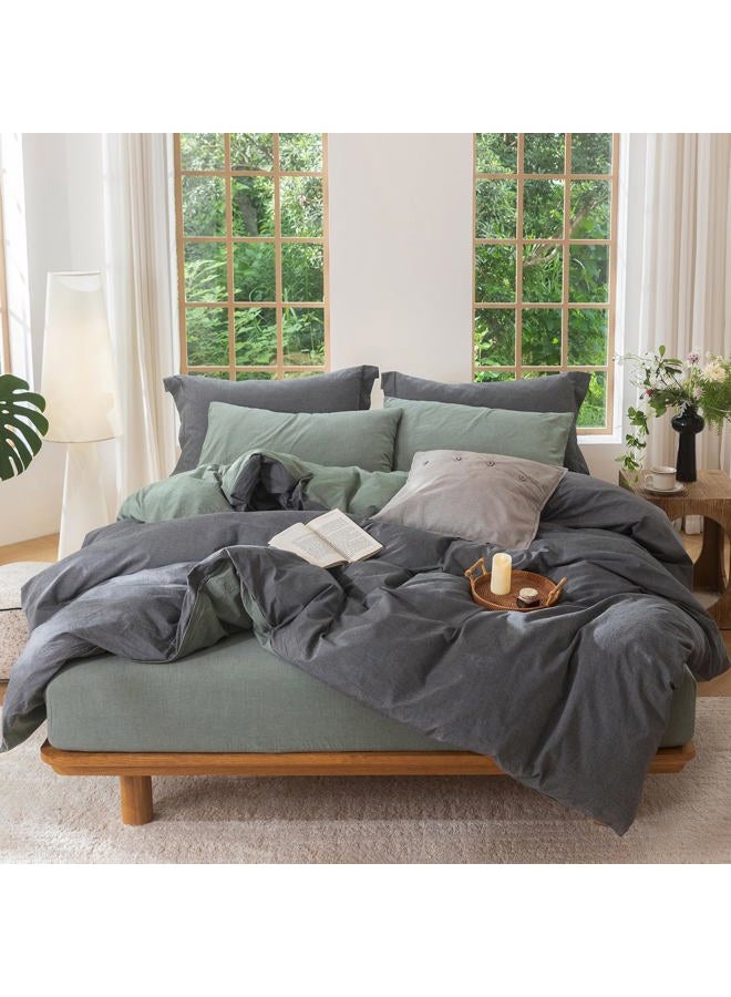 BDEAR INS Linen Feel Double Sided Reversible Duvet Cover Queen Size 90''W x 90''L, Oeko TEX Standard Cotton Duvet Cover with Zipper Closure Plus 2 Pillowcases,Heathered Green Plus Deep Grey - Image 1