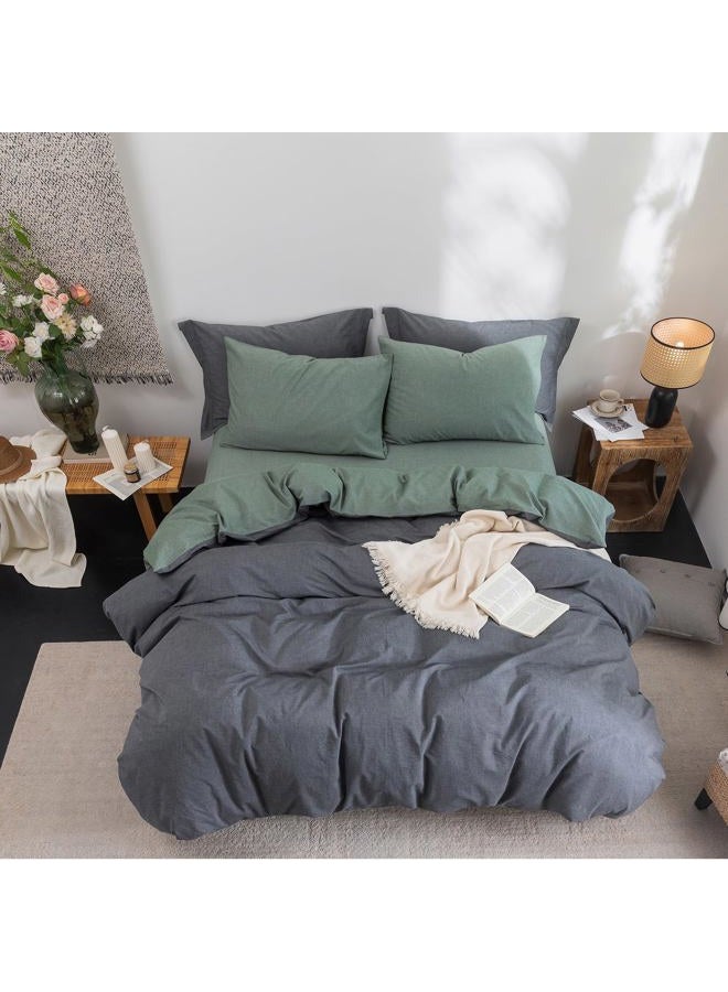 BDEAR INS Linen Feel Double Sided Reversible Duvet Cover Queen Size 90''W x 90''L, Oeko TEX Standard Cotton Duvet Cover with Zipper Closure Plus 2 Pillowcases,Heathered Green Plus Deep Grey - Image 5