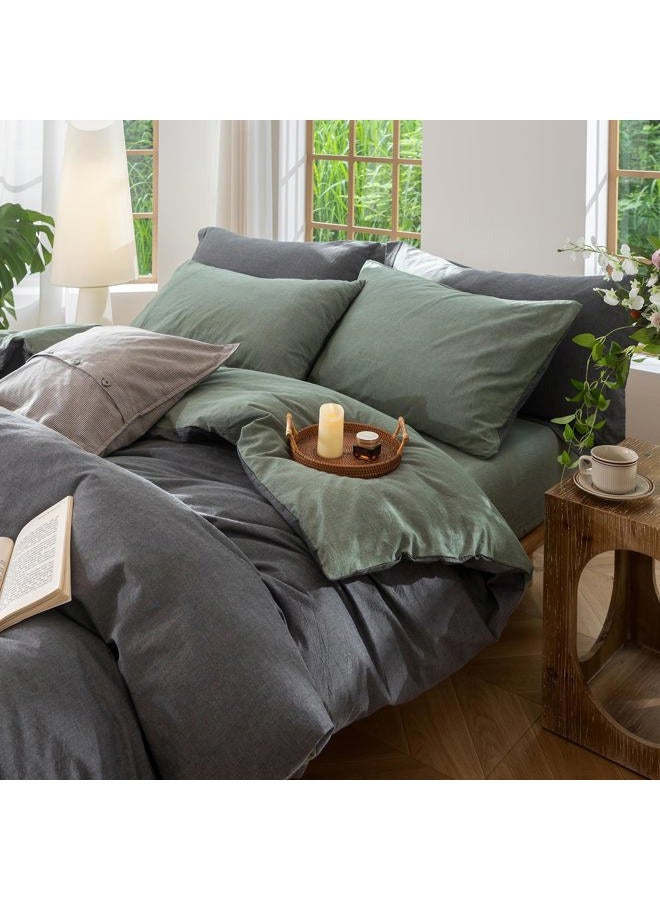 BDEAR INS Linen Feel Double Sided Reversible Duvet Cover Queen Size 90''W x 90''L, Oeko TEX Standard Cotton Duvet Cover with Zipper Closure Plus 2 Pillowcases,Heathered Green Plus Deep Grey - Image 2