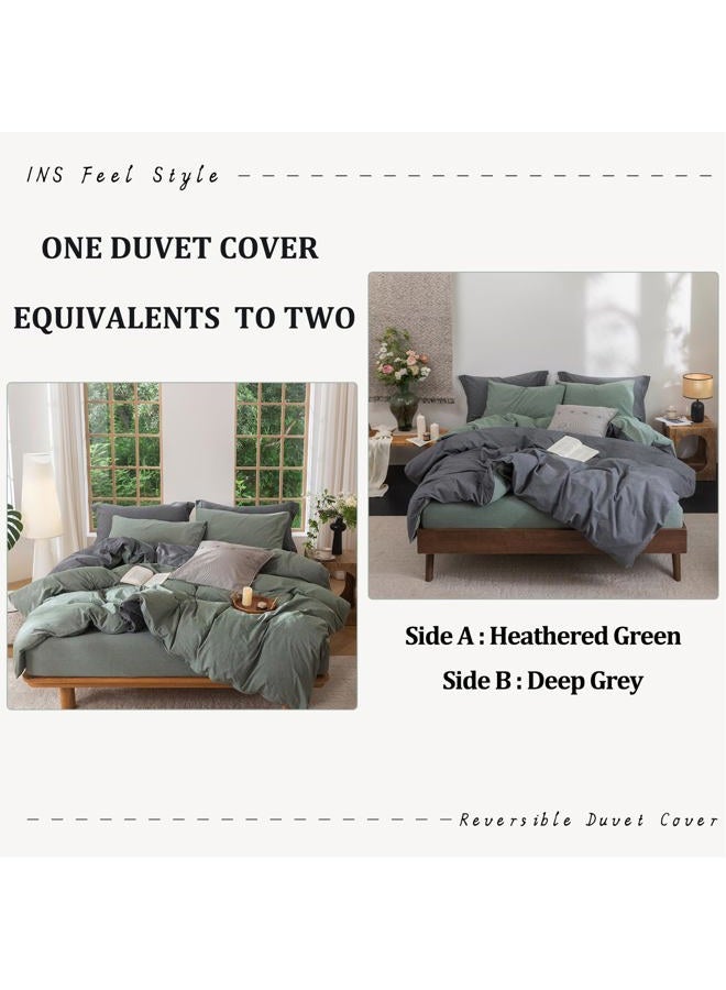 BDEAR INS Linen Feel Double Sided Reversible Duvet Cover Queen Size 90''W x 90''L, Oeko TEX Standard Cotton Duvet Cover with Zipper Closure Plus 2 Pillowcases,Heathered Green Plus Deep Grey - Image 3