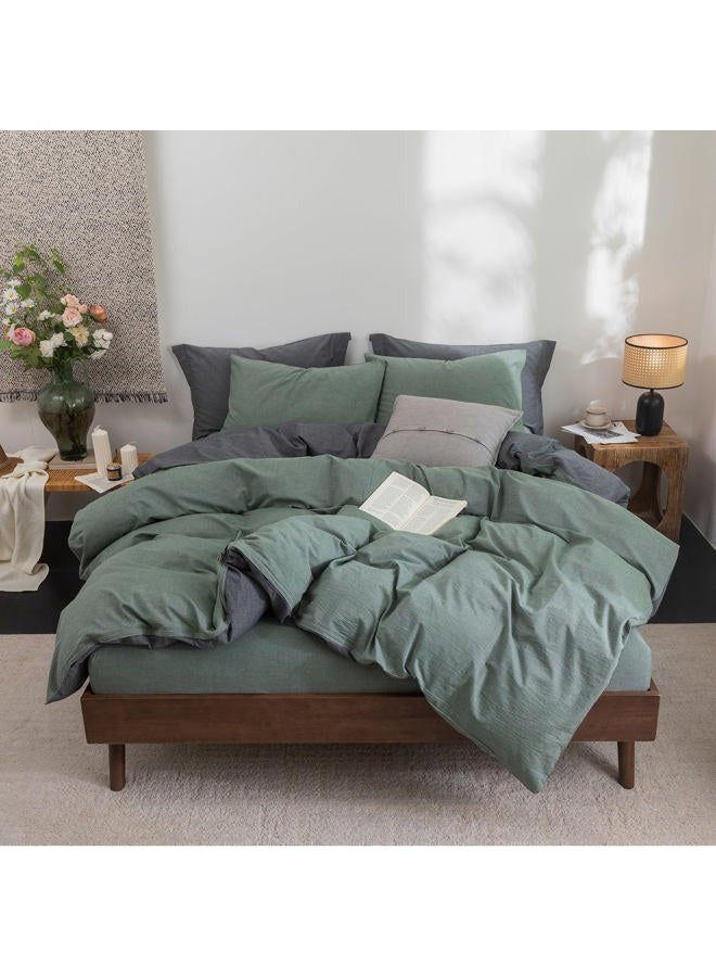 BDEAR INS Linen Feel Double Sided Reversible Duvet Cover Queen Size 90''W x 90''L, Oeko TEX Standard Cotton Duvet Cover with Zipper Closure Plus 2 Pillowcases,Heathered Green Plus Deep Grey - Image 4