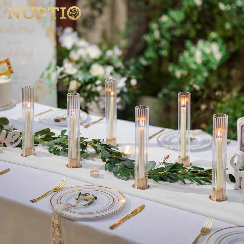 NUPTIO Candlestick Holder with Fluted Hurricane: Set of 6 Metal Candle Holders with Glass Cylinders - Gold Taper Candleholders for Birthday Valentine Wedding Table Centerpiece Outdoor Decor - Image 5