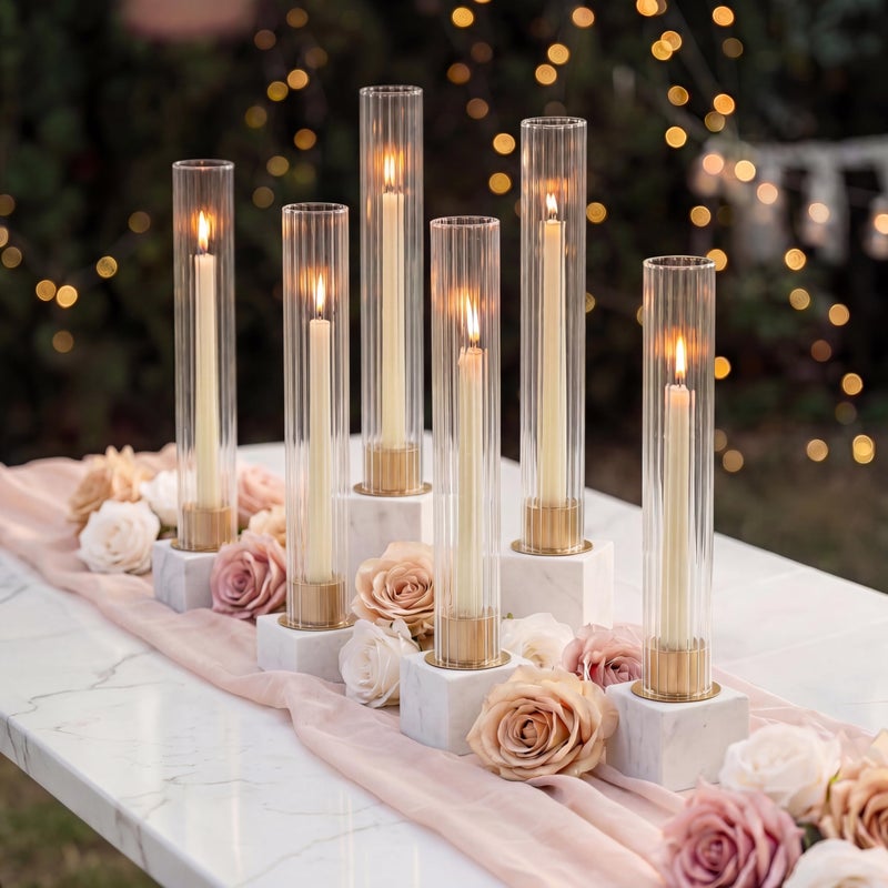 NUPTIO Candlestick Holder with Fluted Hurricane: Set of 6 Metal Candle Holders with Glass Cylinders - Gold Taper Candleholders for Birthday Valentine Wedding Table Centerpiece Outdoor Decor - Image 1