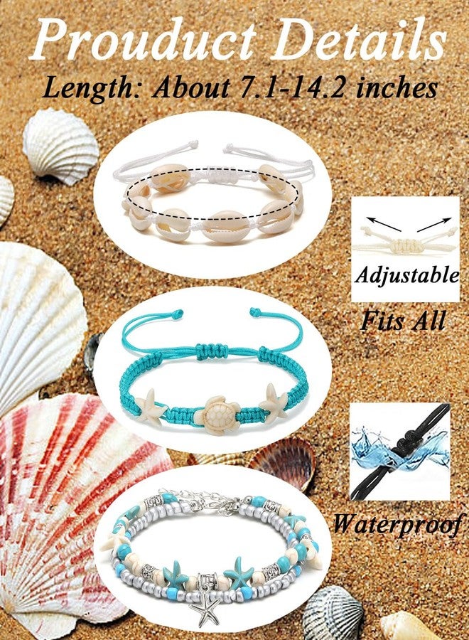 Tornito أساور كاحل قواقع السلحفاة 12 قطعة مصنوعة يدويًا من خرز القواقع ونجمة البحر وكواري والدلفين قابلة للتعديل للأقدام النسائية بوهيمية هاواي صيفية شاطئية - Image 2