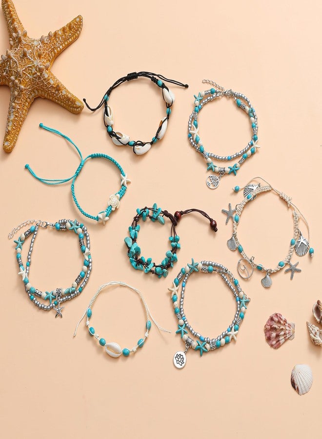 Tornito أساور كاحل قواقع السلحفاة 12 قطعة مصنوعة يدويًا من خرز القواقع ونجمة البحر وكواري والدلفين قابلة للتعديل للأقدام النسائية بوهيمية هاواي صيفية شاطئية - Image 5