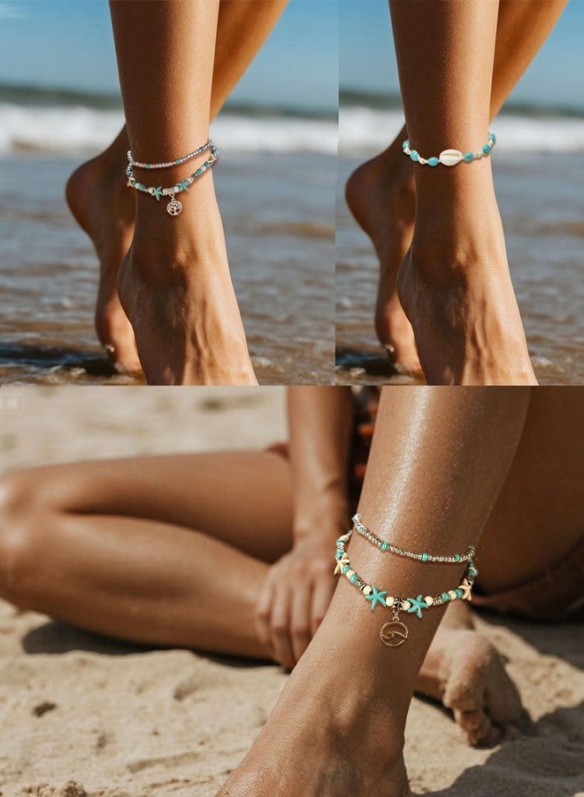Tornito أساور كاحل قواقع السلحفاة 12 قطعة مصنوعة يدويًا من خرز القواقع ونجمة البحر وكواري والدلفين قابلة للتعديل للأقدام النسائية بوهيمية هاواي صيفية شاطئية - Image 3