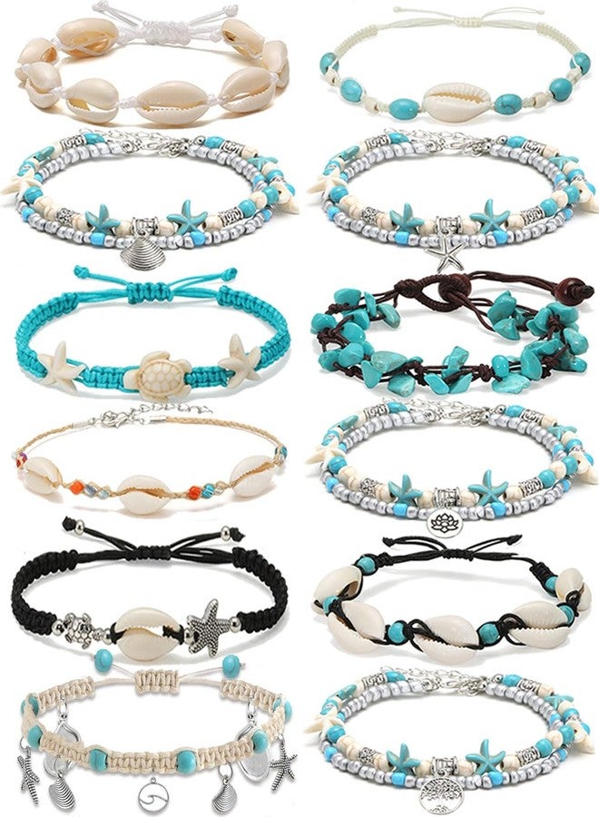 Tornito أساور كاحل قواقع السلحفاة 12 قطعة مصنوعة يدويًا من خرز القواقع ونجمة البحر وكواري والدلفين قابلة للتعديل للأقدام النسائية بوهيمية هاواي صيفية شاطئية - Image 1