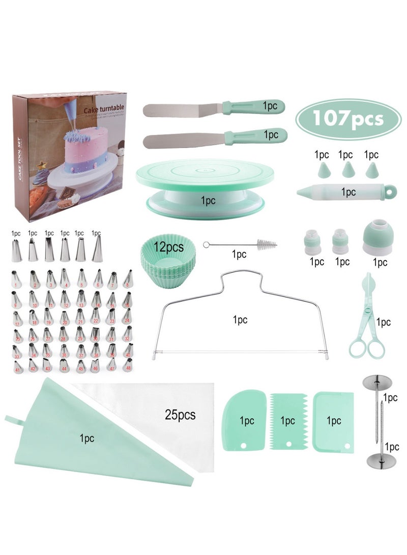 107 Pcs Cake Decorating Kit for Beginners Includes Video Course, Booklet + Baking Supplies Gift - Cake Stand, Leveler, Numbered Piping Tips, Straight & Offset Spatula, & Scraper sets Green - Image 1