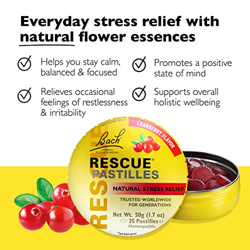 RESCUE Bach Rescue Pastilles Cranberry Flavor Natural Stress Relief Lozenges Homeopathic Flower Essence Vegetarian Gluten SugarFree 35 Count 4 Pack - Image 5