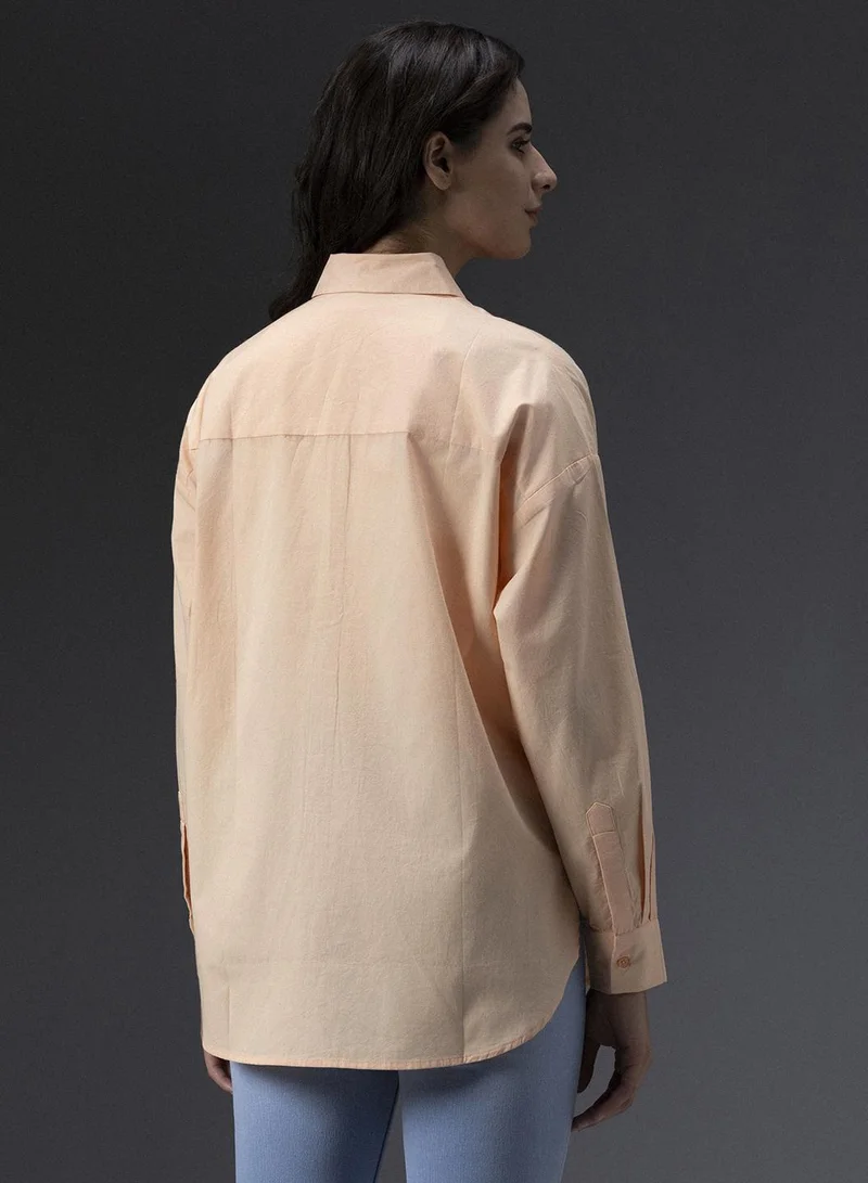 HIGH STAR Tailored Fit Peach Oversized Casual Shirt for Women