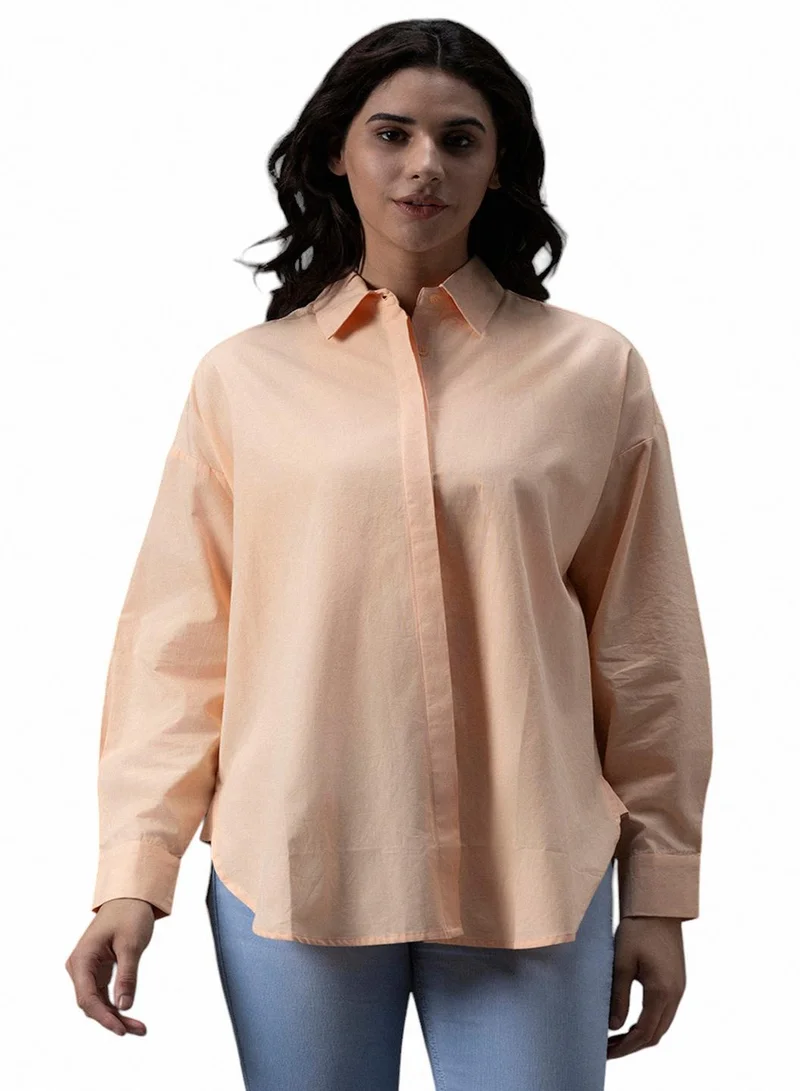 HIGH STAR Tailored Fit Peach Oversized Casual Shirt for Women