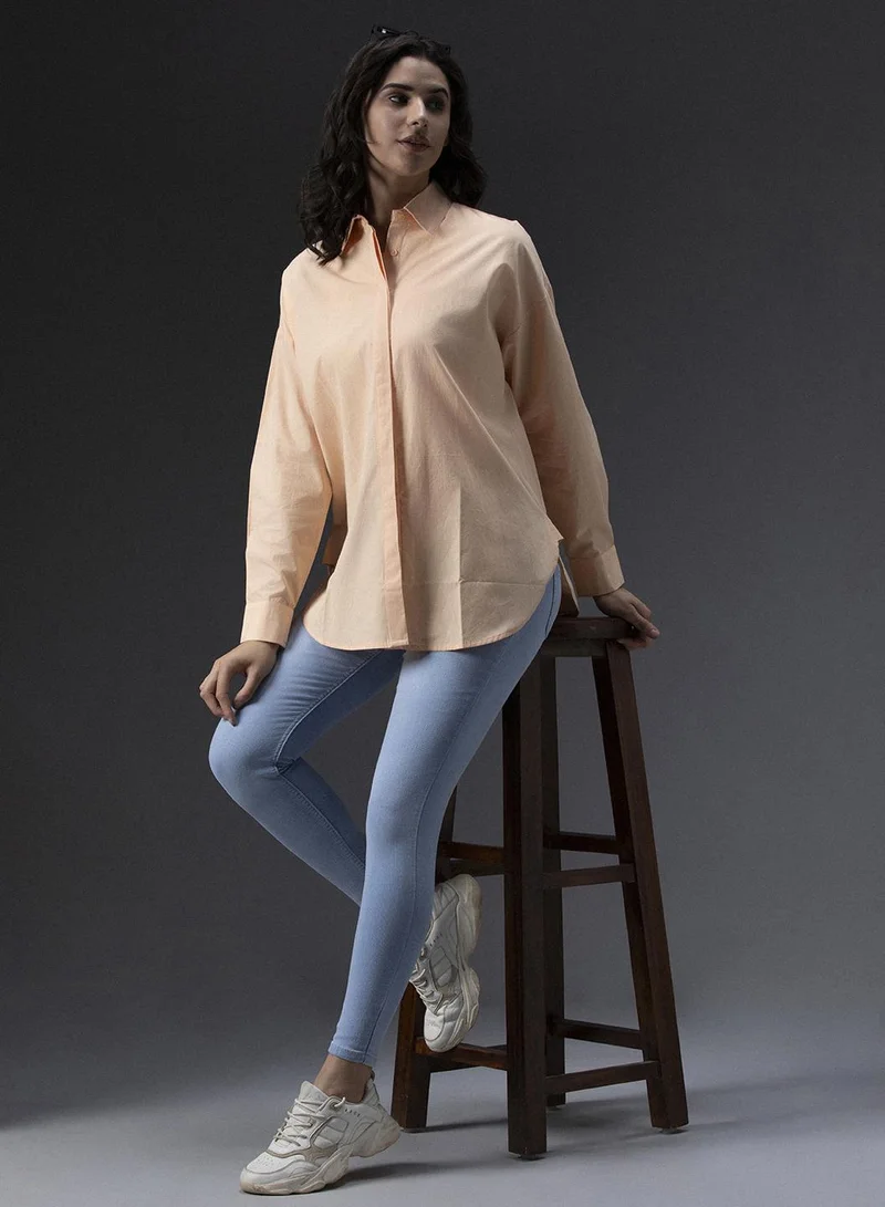HIGH STAR Tailored Fit Peach Oversized Casual Shirt for Women