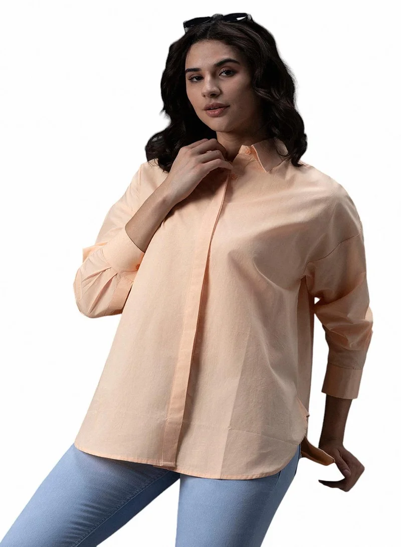 HIGH STAR Tailored Fit Peach Oversized Casual Shirt for Women
