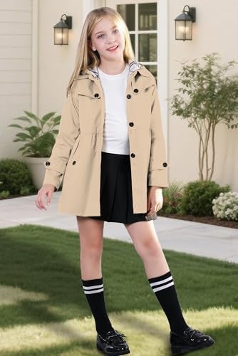 Betusline Little Girls Khaki Hooded Trench Coat Button Up Jacket Hoodie, Khaki, 6-7 Years = Tag 130 - Image 2
