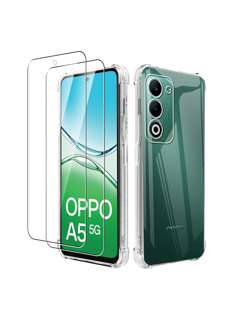 عام غلاف واقي مناسب لهاتف OPPO A5 5G، مع قطعتين من زجاج الحماية المقوى، حماية الزوايا، غطاء متين شفاف فائق المقاومة للخدوش وامتصاص الصدمات من مادة TPU المرنة - Image 1