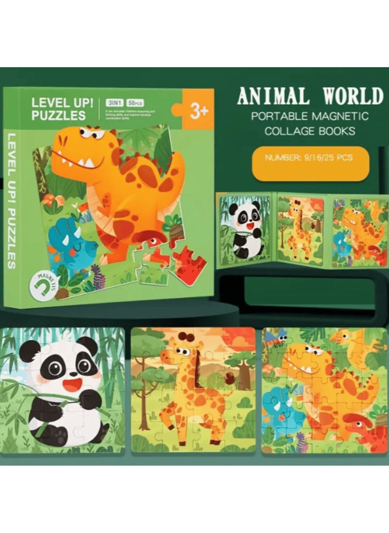 Generic - Magnetic 3-in-1 Graduated Difficulty Puzzle Book, Educational Logic Development Jigsaw Toy, Durable Paper Material, for Ages 3+, Ideal  for Boys & Girls - Animals World - Image 1